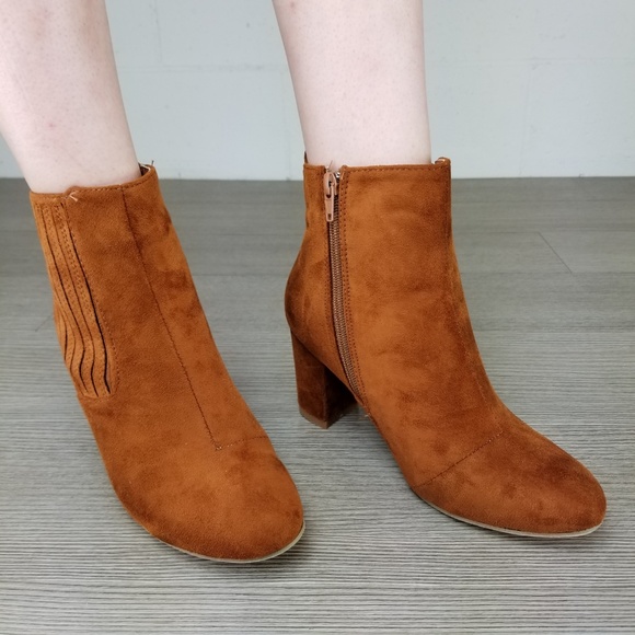 Vegan Suede Tan Bock Heel Ankle Bootie - Picture 2 of 8